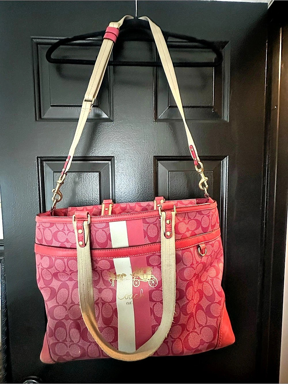 Coach Signature Stripe Horse & Carriage Tote Pink & White - Picture 2 of 3